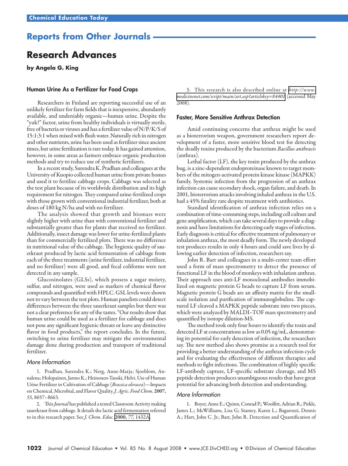 Research Advances. Human Urine As a Fertilizer for Food Crops; Faster, More Sensitive Anthrax Detection; Seagulls Monitor Oil Spill Pollutants; Gender Through Feathers by Angela G. King