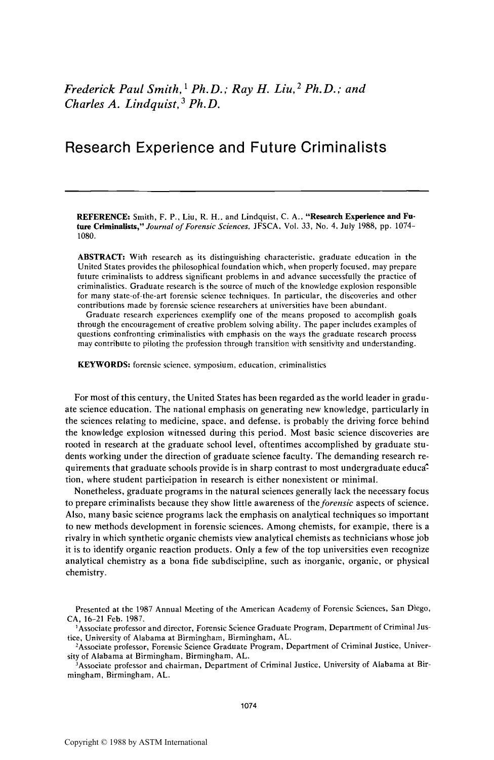 Research Experience and Future Criminalists by Smith FP Liu RH Lindquist CA