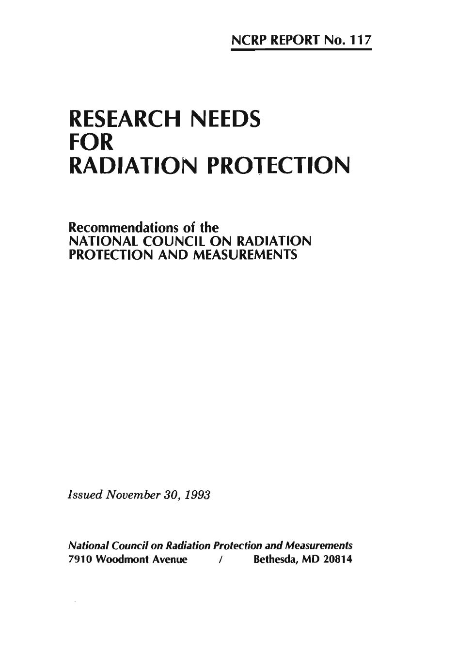 Research Needs for Radiation Protection: Recommendations of the National Council on Radiation Protection and Measurements (Ncrp Report ; No. 117) by Charles B. Meinhold