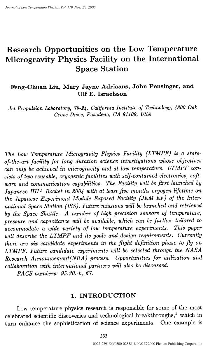 Research Opportunities on the Low Temperature Microgravity Physics Facility on the International Space Station by Unknown