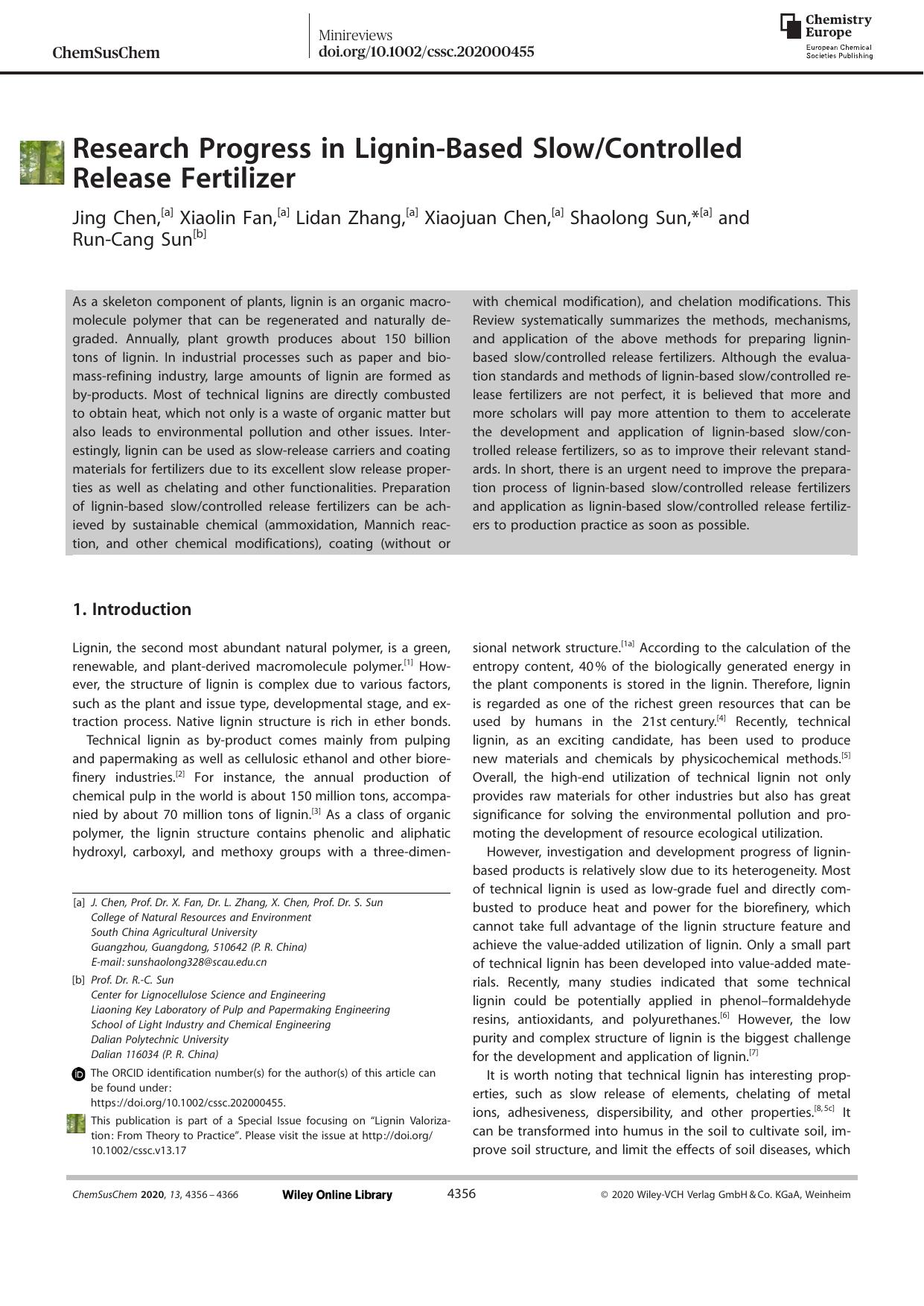 Research Progress in LigninâBased SlowControlled Release Fertilizer by Unknown