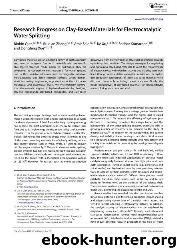 Research Progress on Clay&#x02010;Based Materials for Electrocatalytic Water Splitting by Unknown