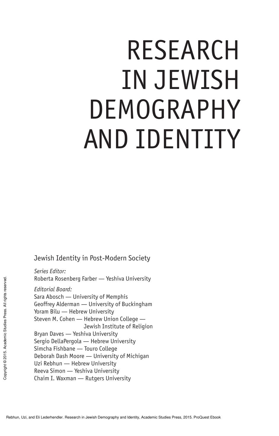 Research in Jewish Demography and Identity by Uzi Rebhun; Eli Lederhendler