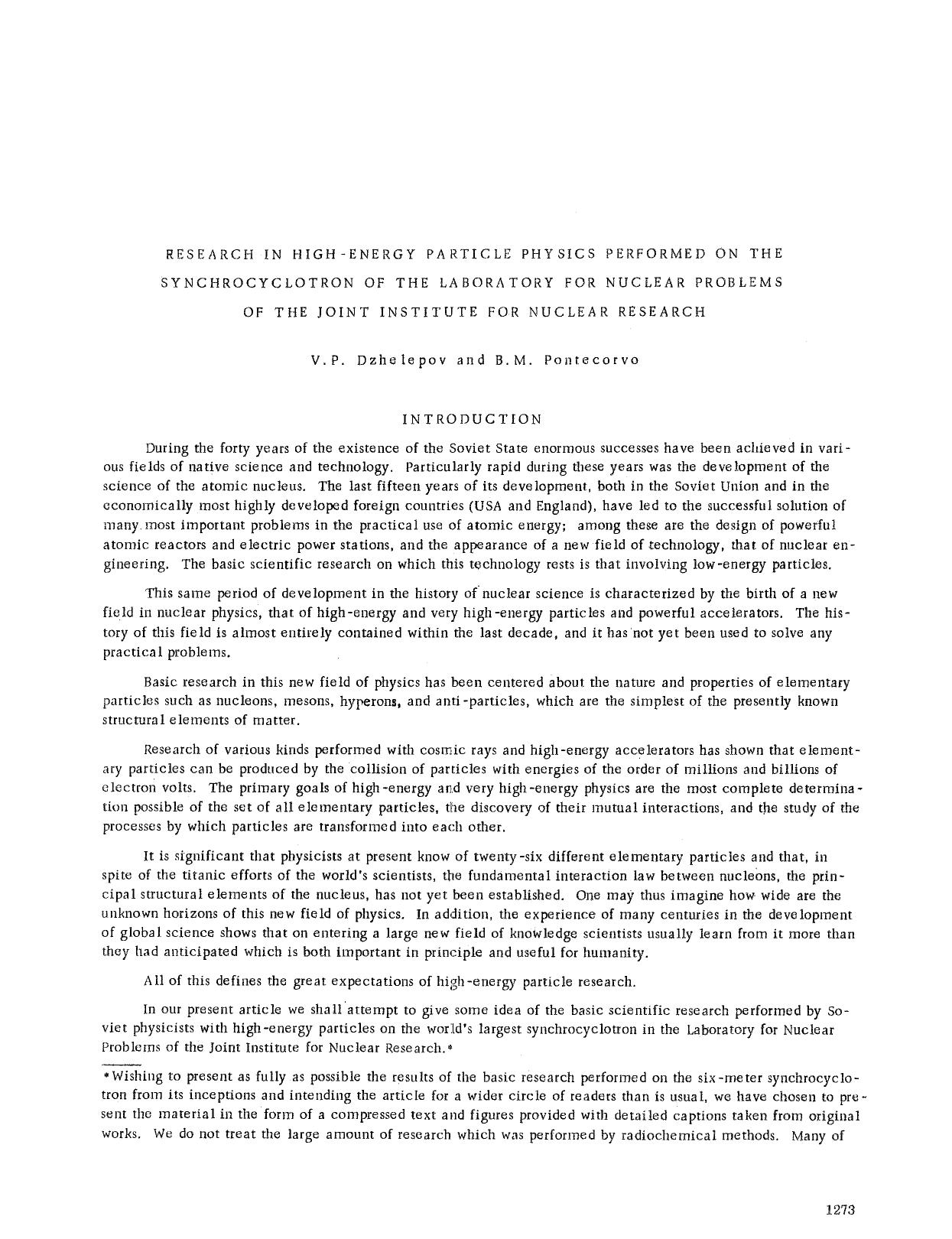Research in high-energy particle physics performed on the synchrocyclotron of the laboratory for nuclear problems of the joint institute for nuclear research by Unknown