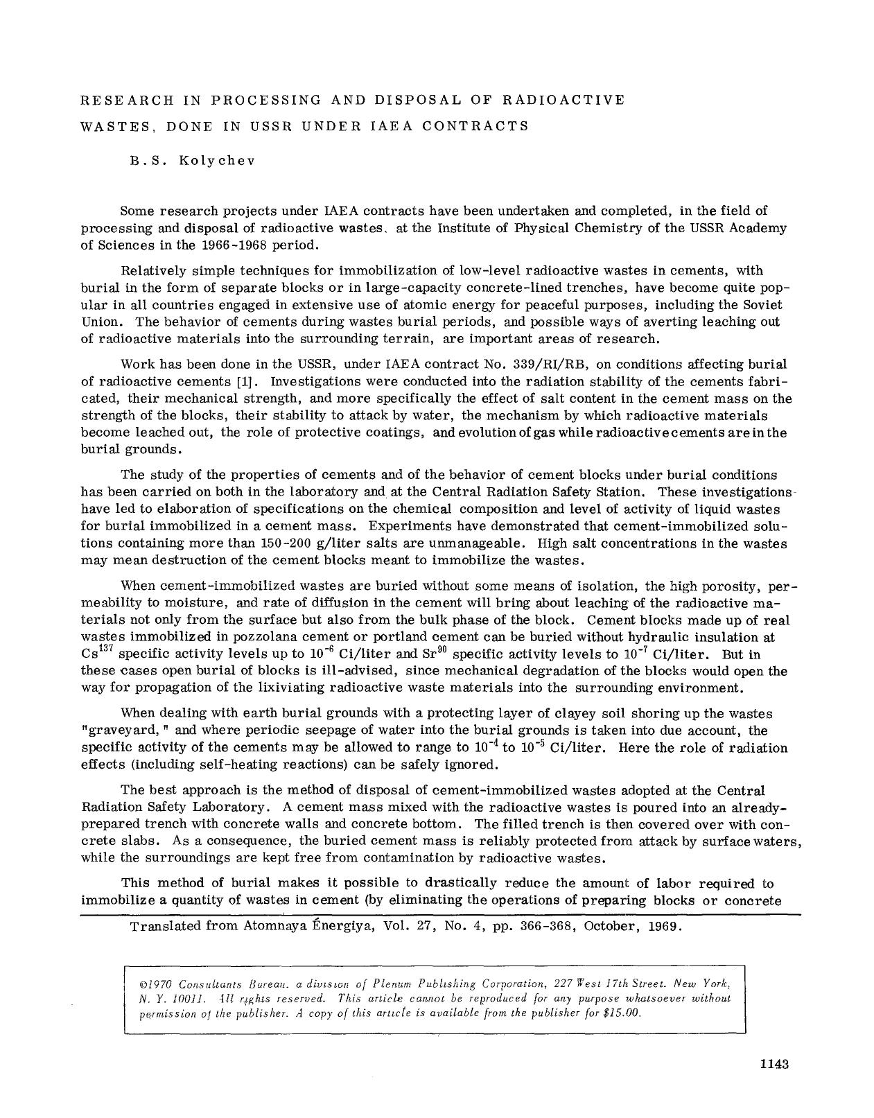 Research in processing and disposal of radioactive wastes, done in USSR under IAEA contracts by Unknown