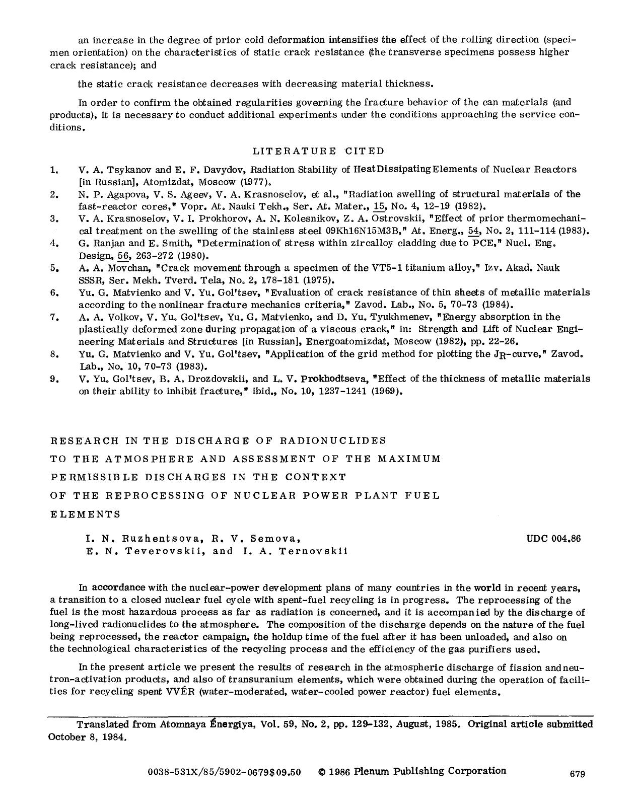 Research in the discharge of radionuclides to the atmosphere and assessment of the maximum permissible discharges in the context of the reprocessing of nuclear power plant fuel elements by Unknown