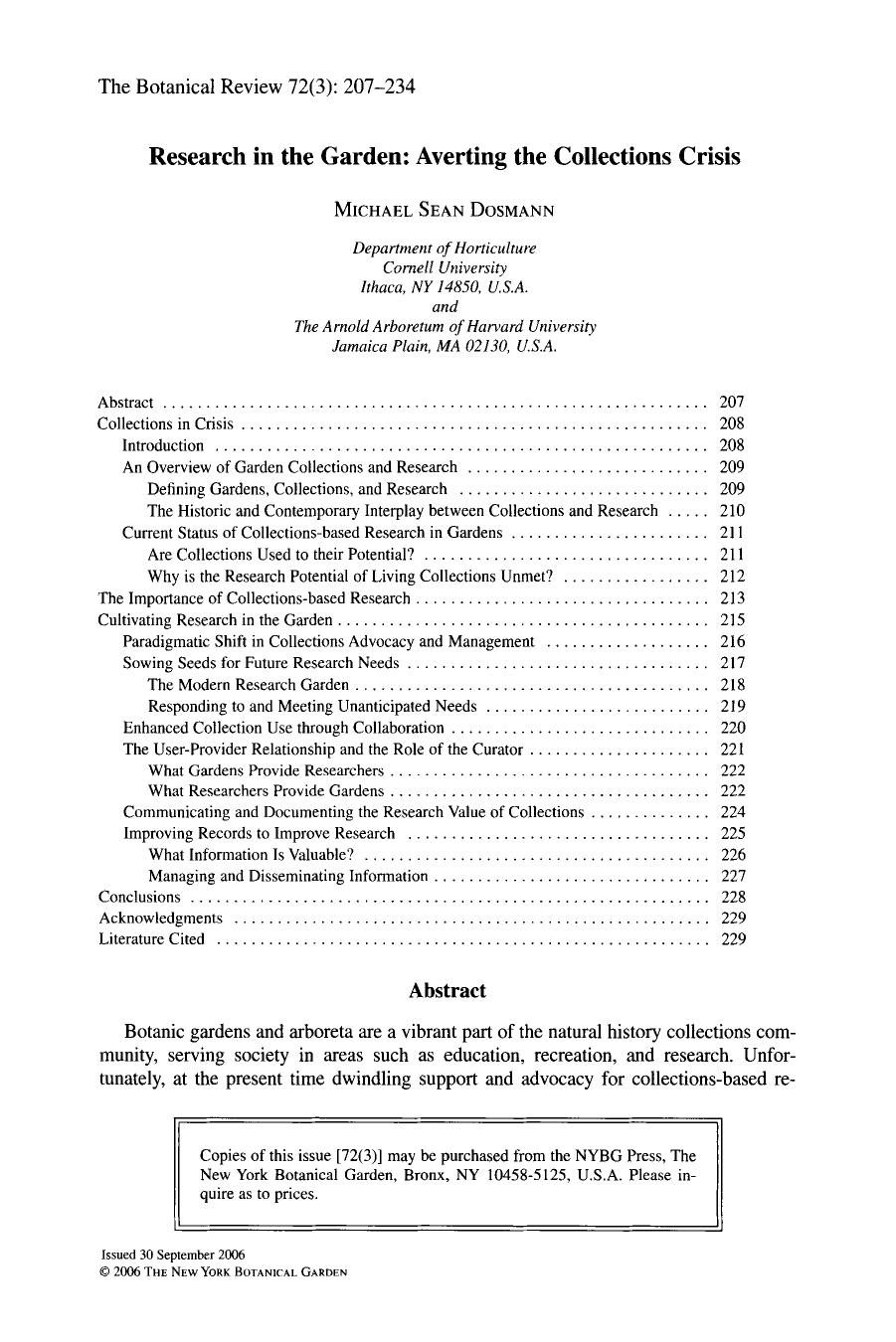 Research in the garden: Averting the collections crisis by Unknown