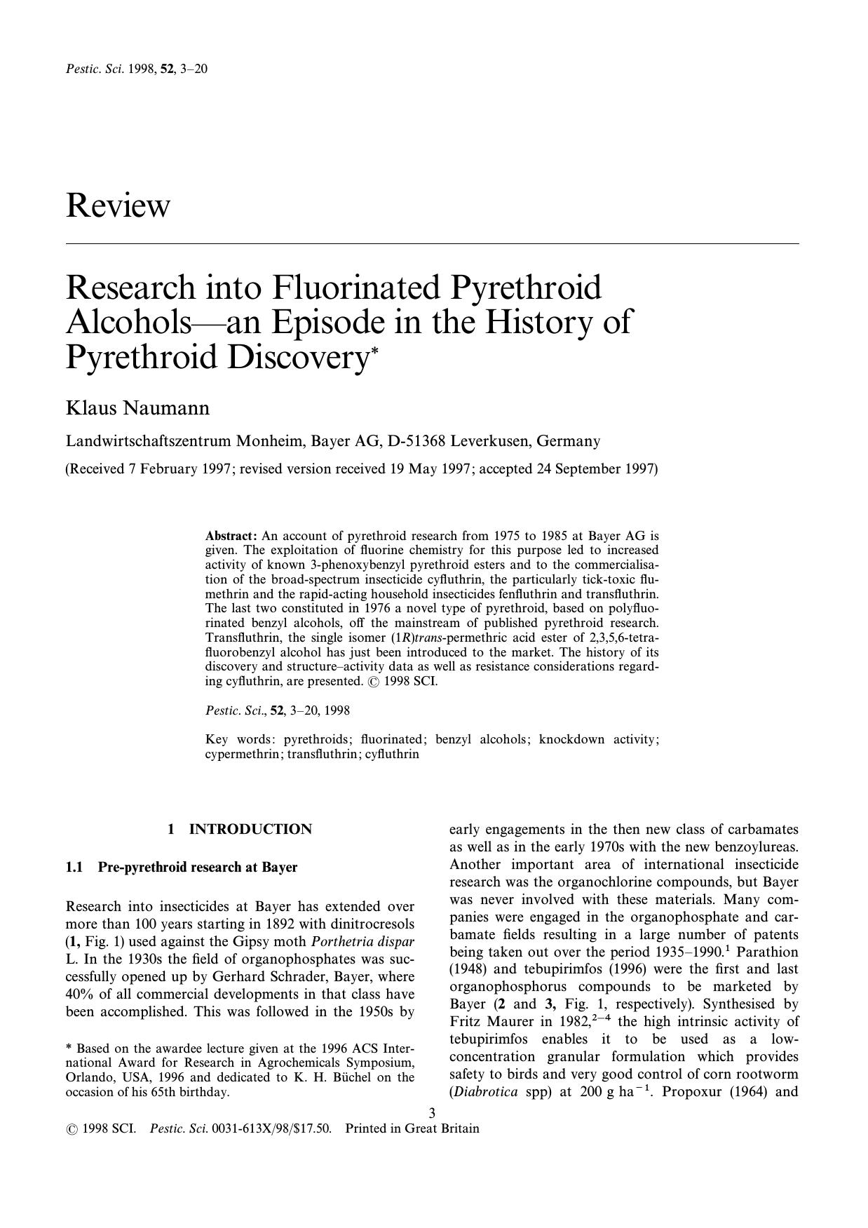 Research into fluorinated pyrethroid alcoholsan episode in the history of pyrethroid discovery by Naumann