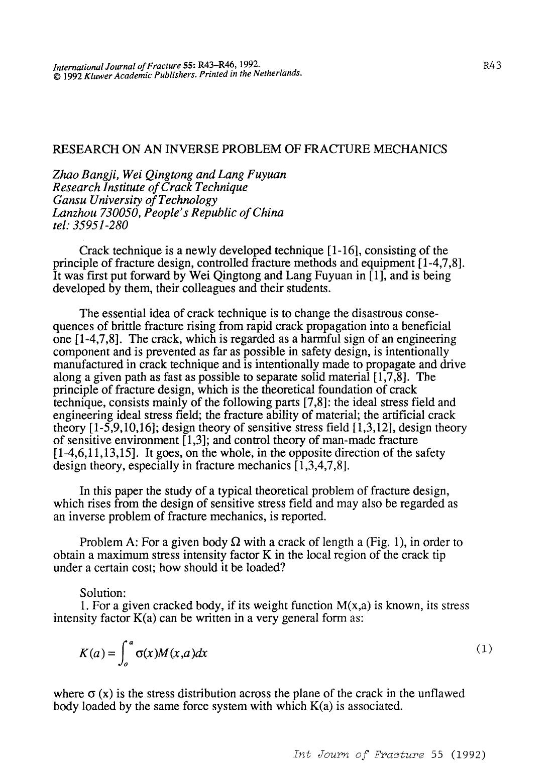 Research on an inverse problem of fracture mechanics by Unknown