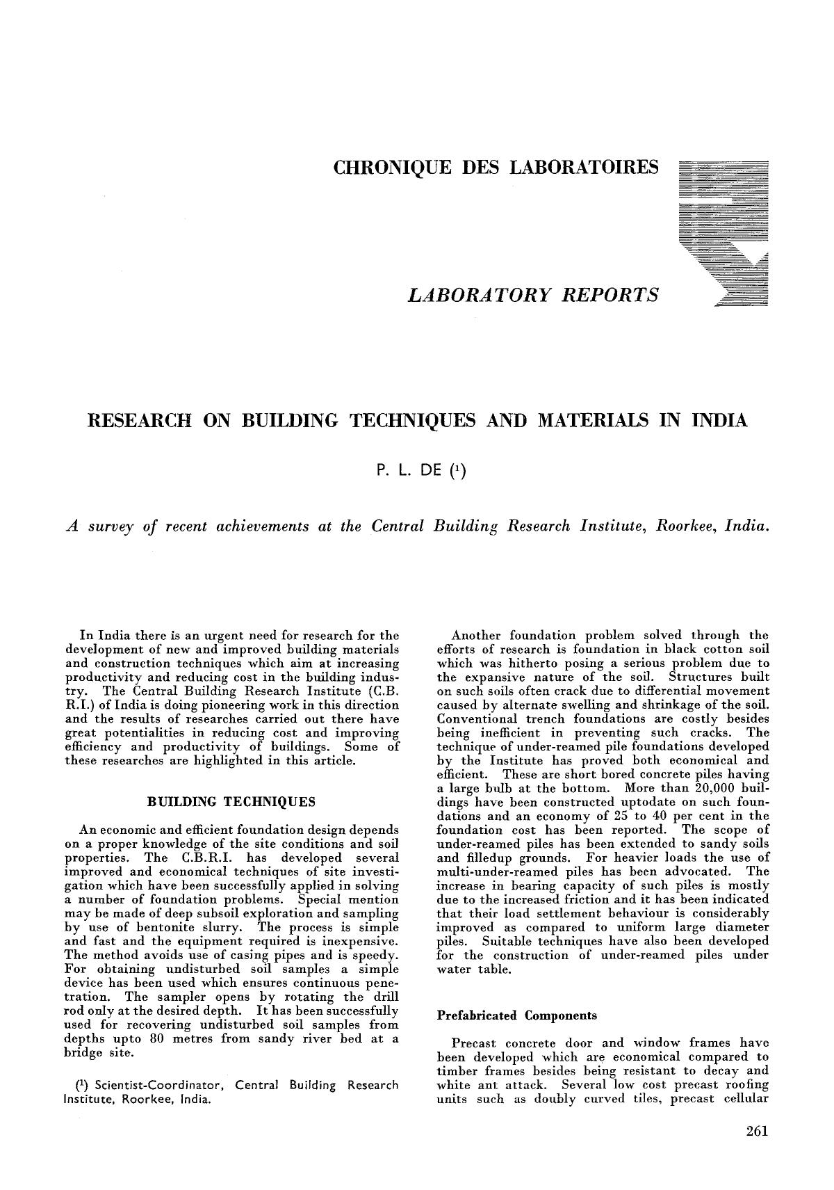 Research on building techniques and materials in India by Unknown