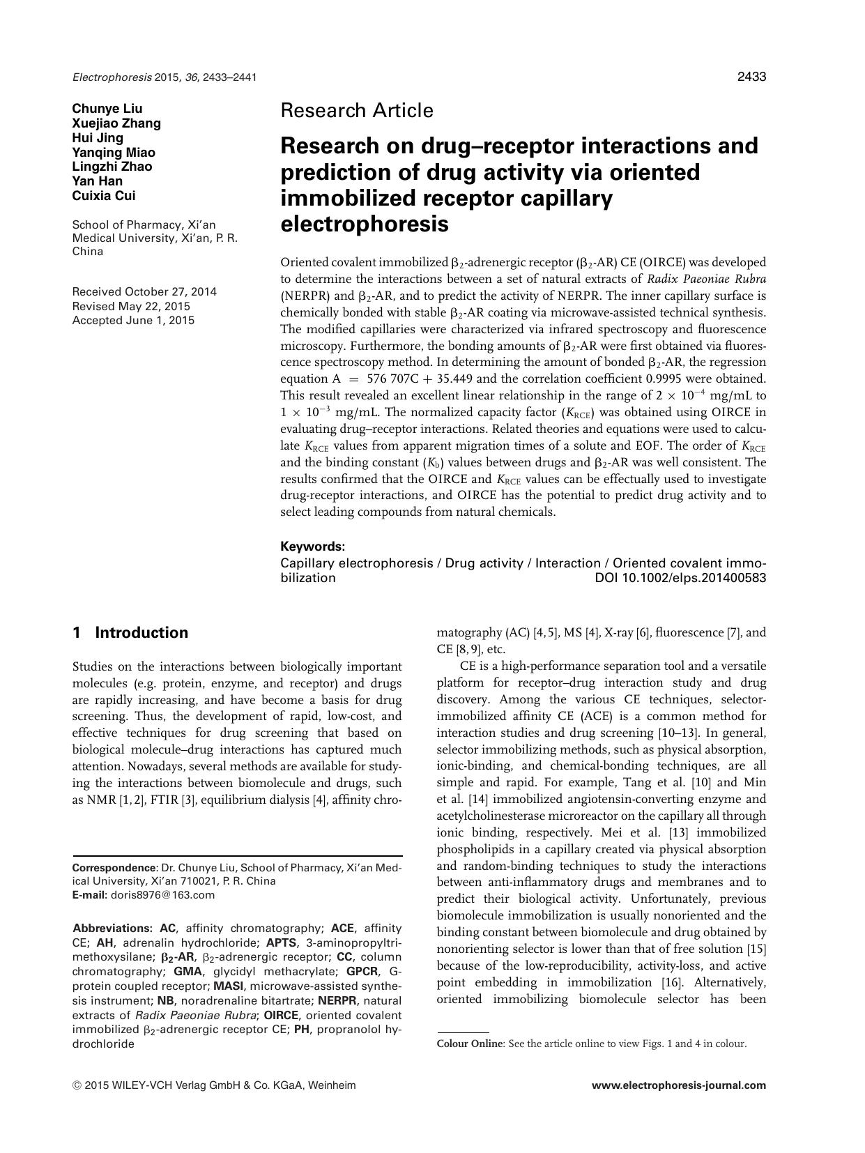 Research on drug–receptor interactions and prediction of drug activity via oriented immobilized receptor capillary electrophoresis by Unknown