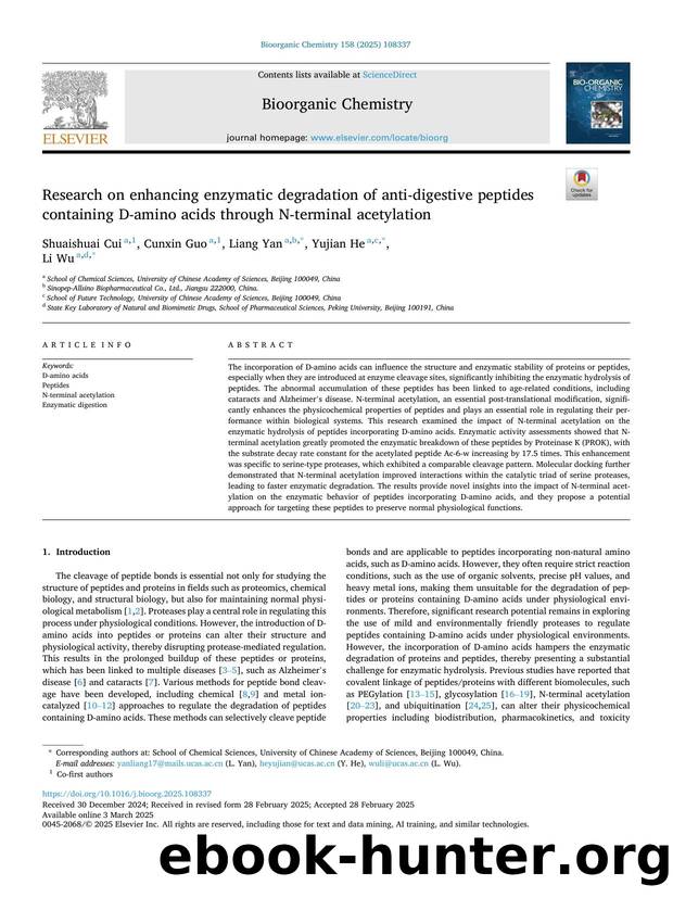 Research on enhancing enzymatic degradation of anti-digestive peptides containing D-amino acids through N-terminal acetylation by Shuaishuai Cui & Cunxin Guo & Liang Yan & Yujian He & Li Wu