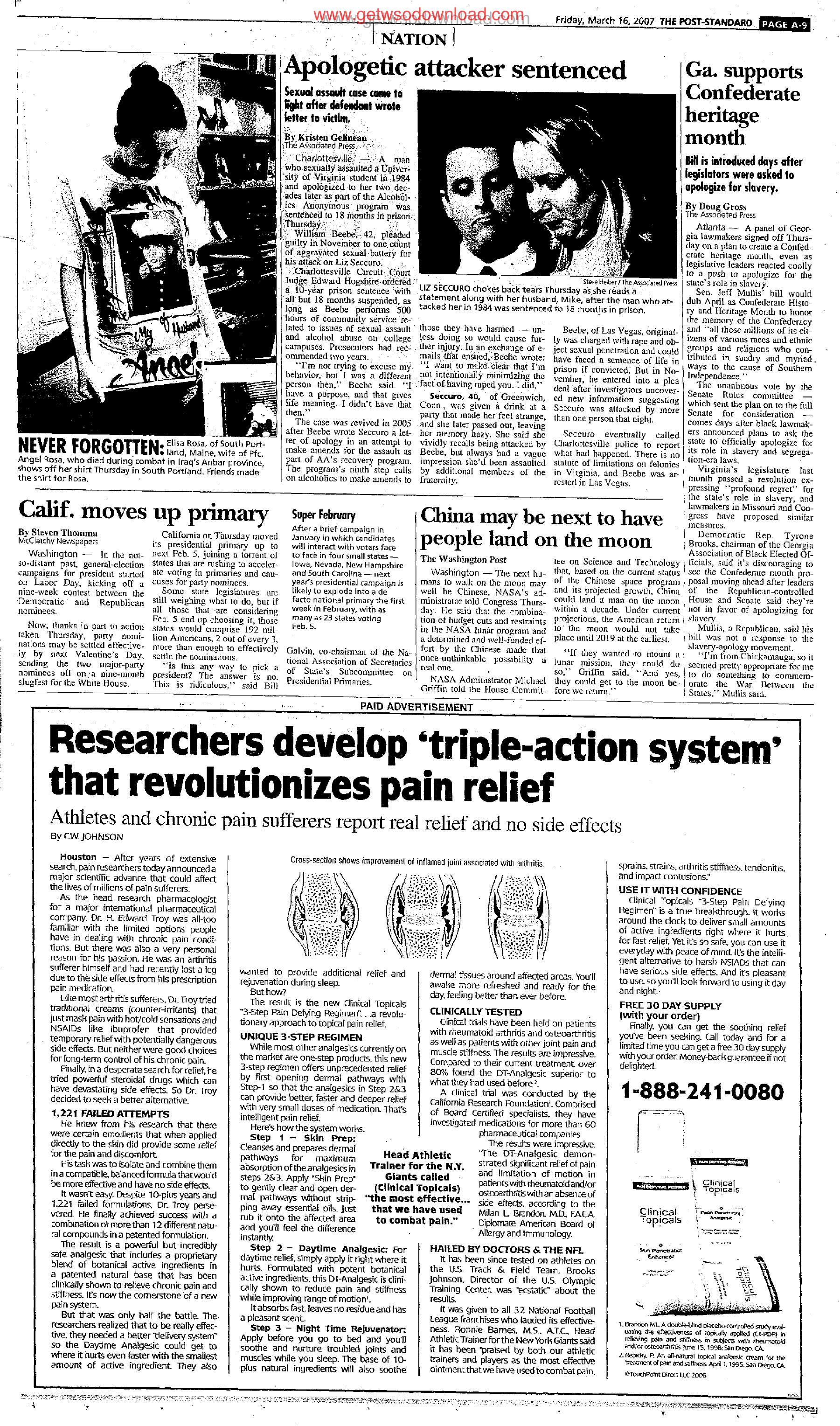 Researchers develop triple-action system that revolutionizes pain relief by Copyright 2007 Heritage Microfilm Inc. and Newspaperarchive.com
