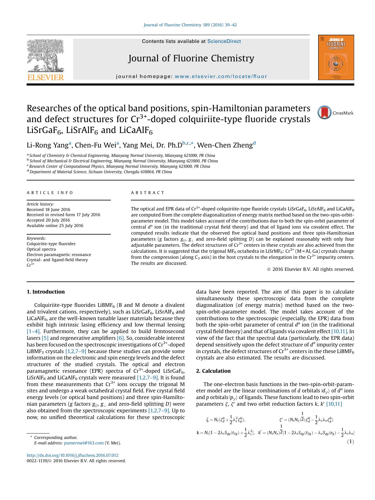 Researches of the optical band positions, spin-Hamiltonian parameters and defect structures for Cr3+-doped colquiriite-type fluoride crystals LiSrGaF6, LiSrAlF6 and LiCaAlF6 by Li-Rong Yang & Chen-Fu Wei & Yang Mei Dr. Ph.D & Wen-Chen Zheng