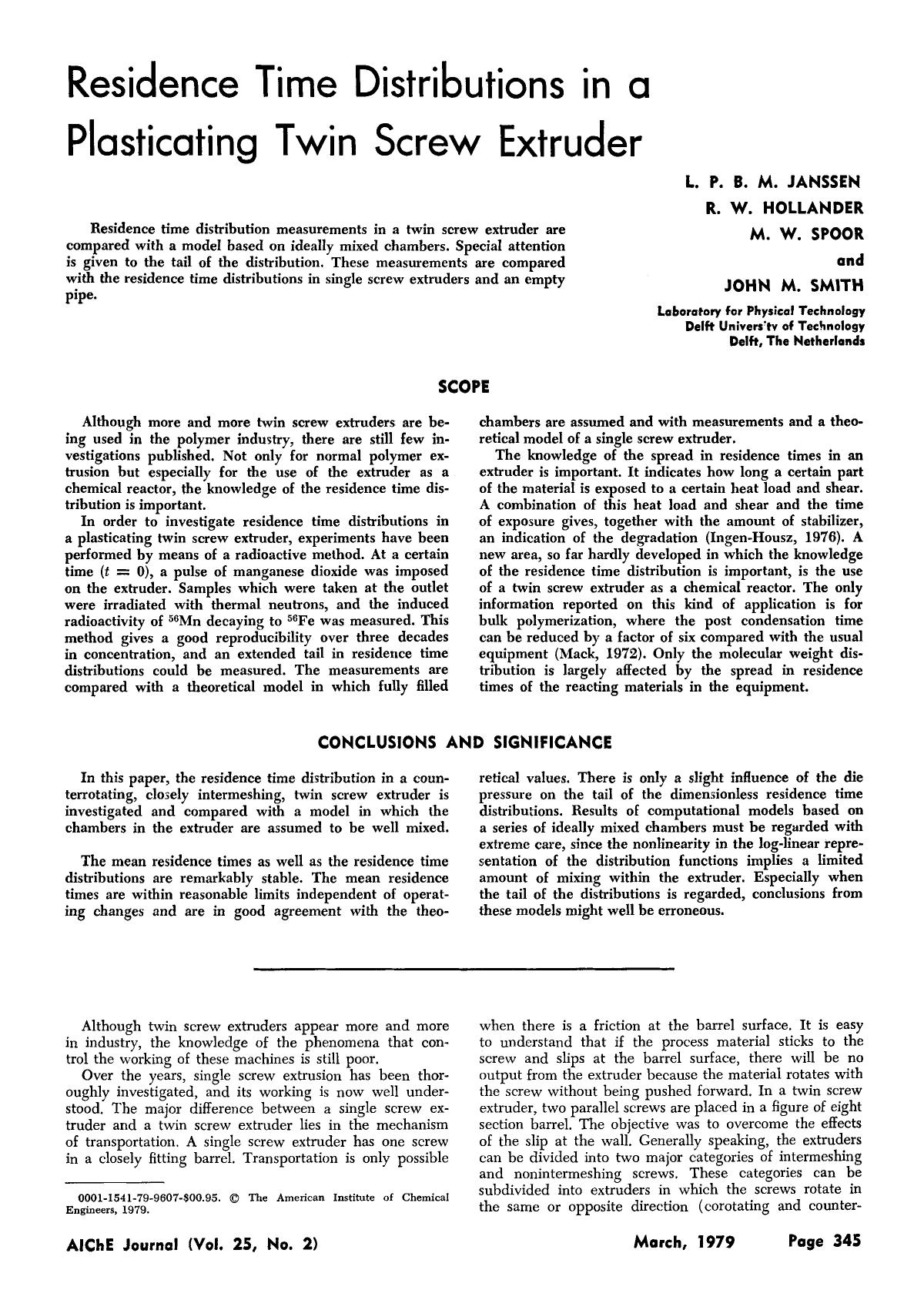 Residence time distributions in a plasticating twin screw extruder by Unknown