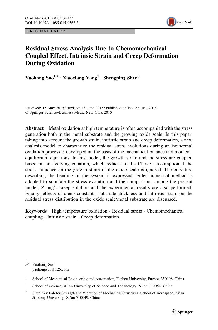 Residual Stress Analysis Due to Chemomechanical Coupled Effect, Intrinsic Strain and Creep Deformation During Oxidation by Yaohong Suo & Xiaoxiang Yang & Shengping Shen