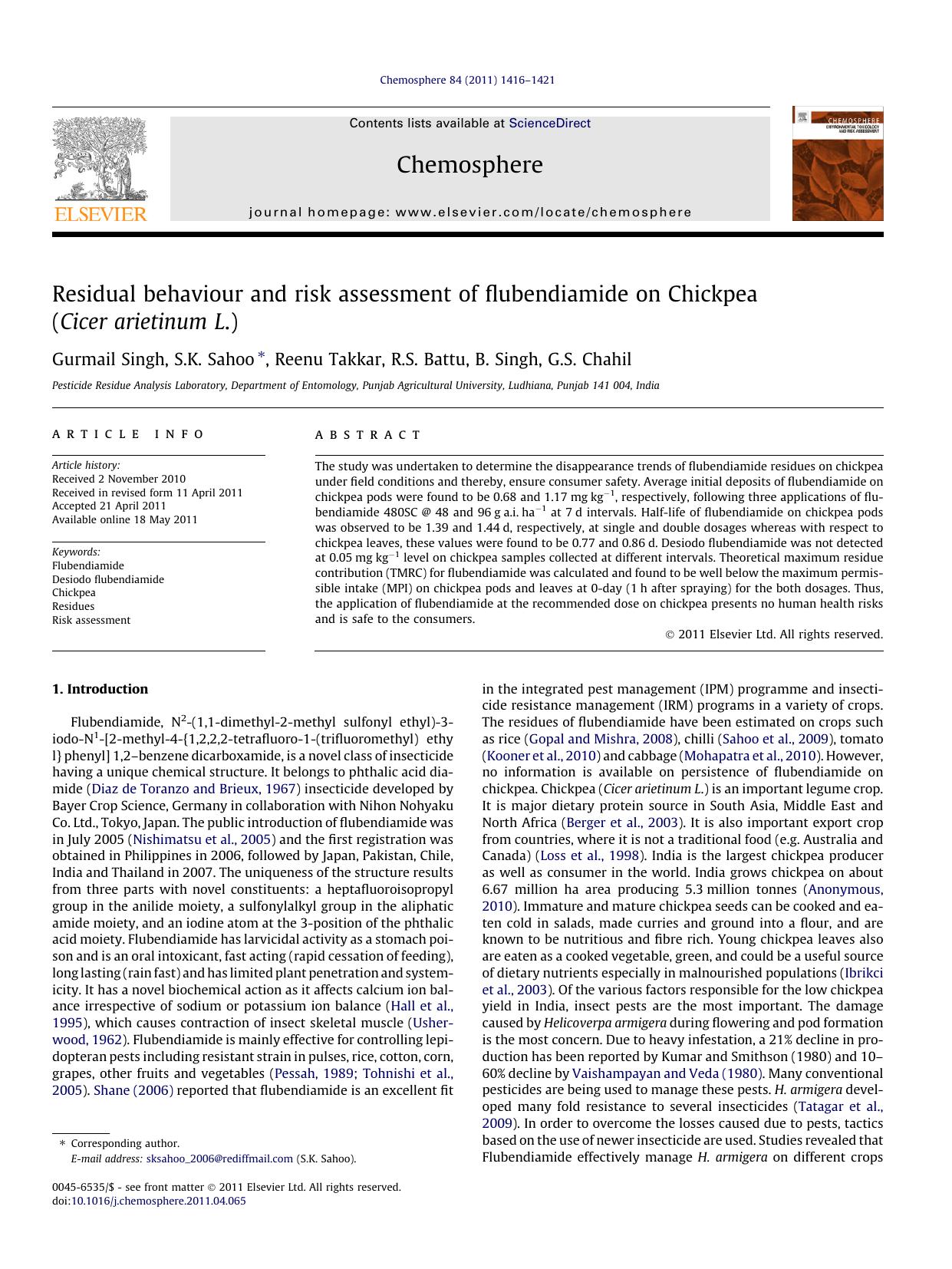 Residual behaviour and risk assessment of flubendiamide on Chickpea (Cicer arietinum L.) by Gurmail Singh & S.K. Sahoo & Reenu Takkar & R.S. Battu & B. Singh & G.S. Chahil