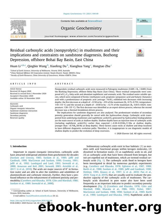 Residual carboxylic acids (nonpyrolytic) in mudstones and their implications and constraints on sandstone diagenesis, Bozhong Depression, offshore Bohai Bay Basin, East China by Huan Li & Qingbin Wang & Xiaofeng Du & Xianghua Yang & Hongtao Zhu