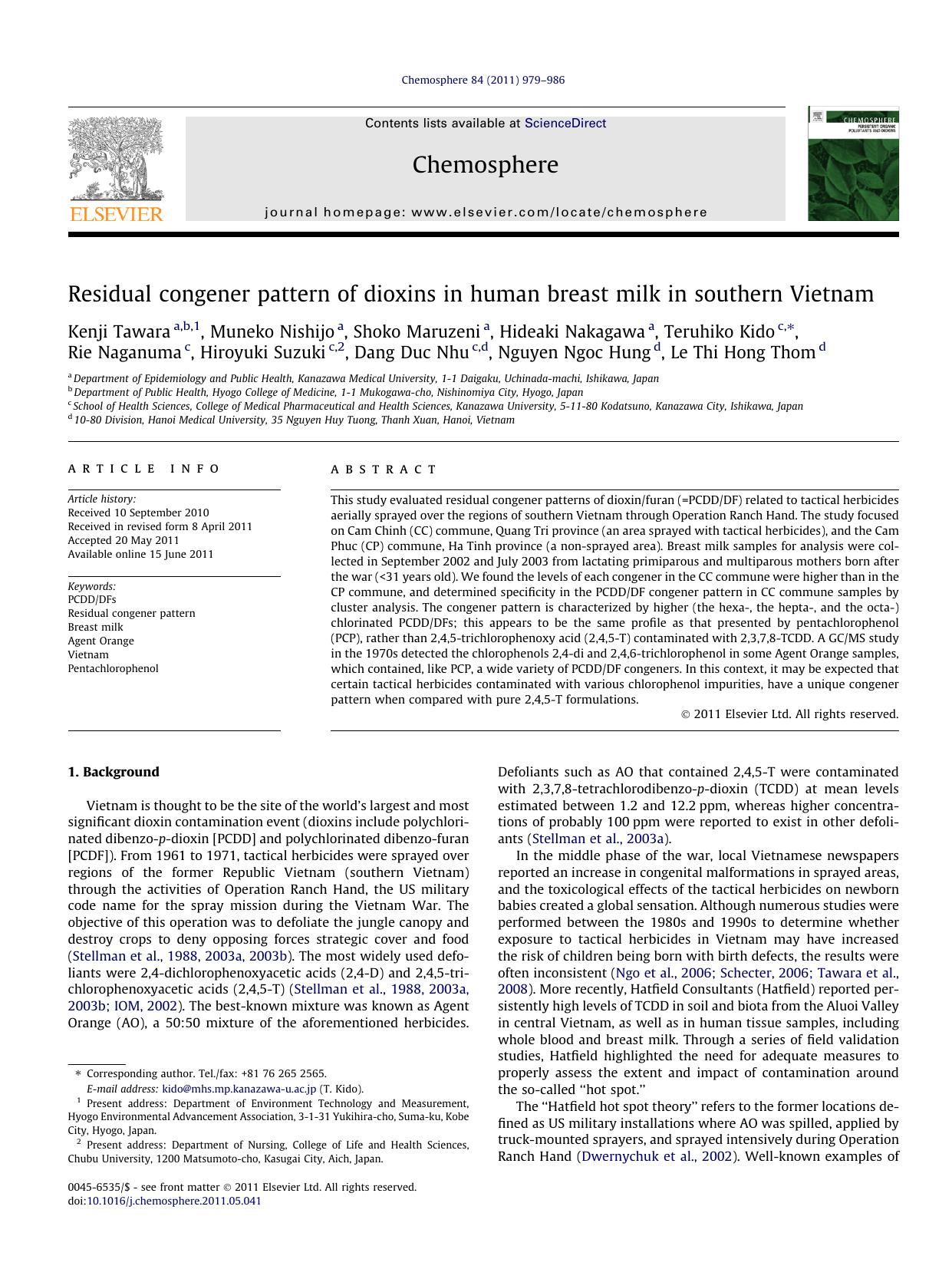 Residual congener pattern of dioxins in human breast milk in southern Vietnam by unknow