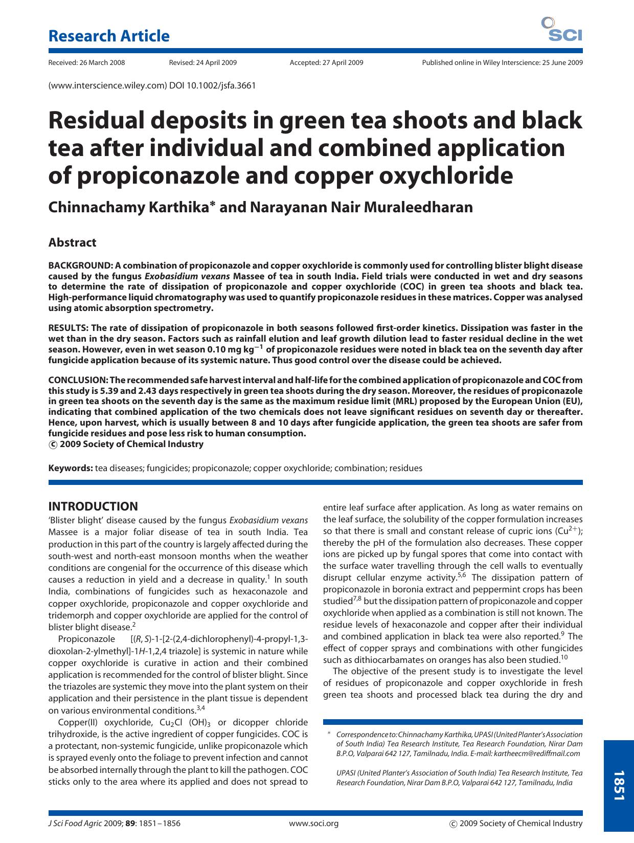 Residual deposits in green tea shoots and black tea after individual and combined application of propiconazole and copper oxychloride by Unknown