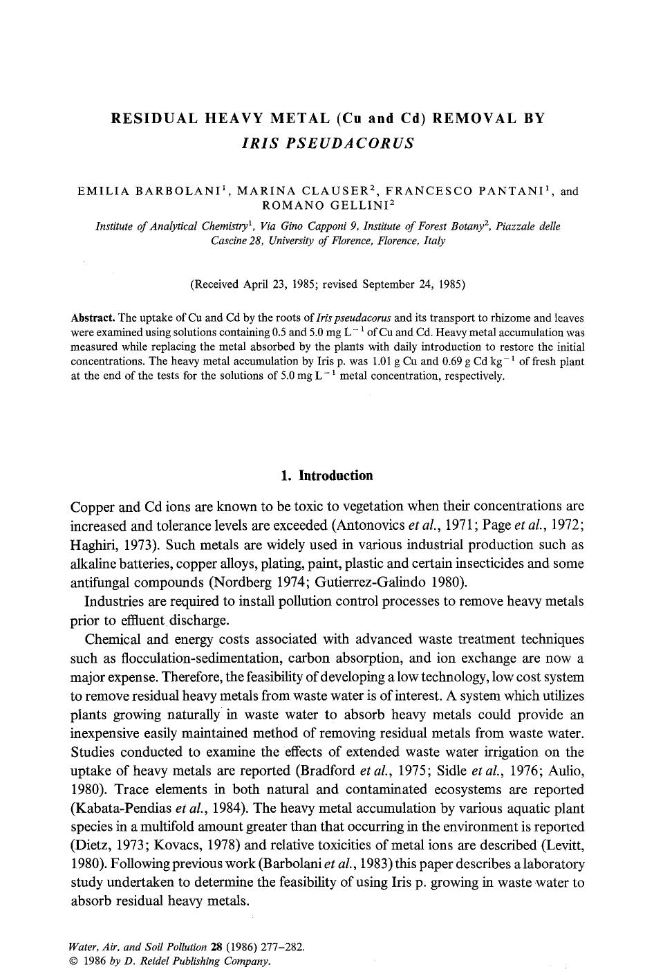 Residual heavy metal (Cu and Cd) removal by <Emphasis Type="Italic">Iris Pseudacorus <Emphasis> by Unknown