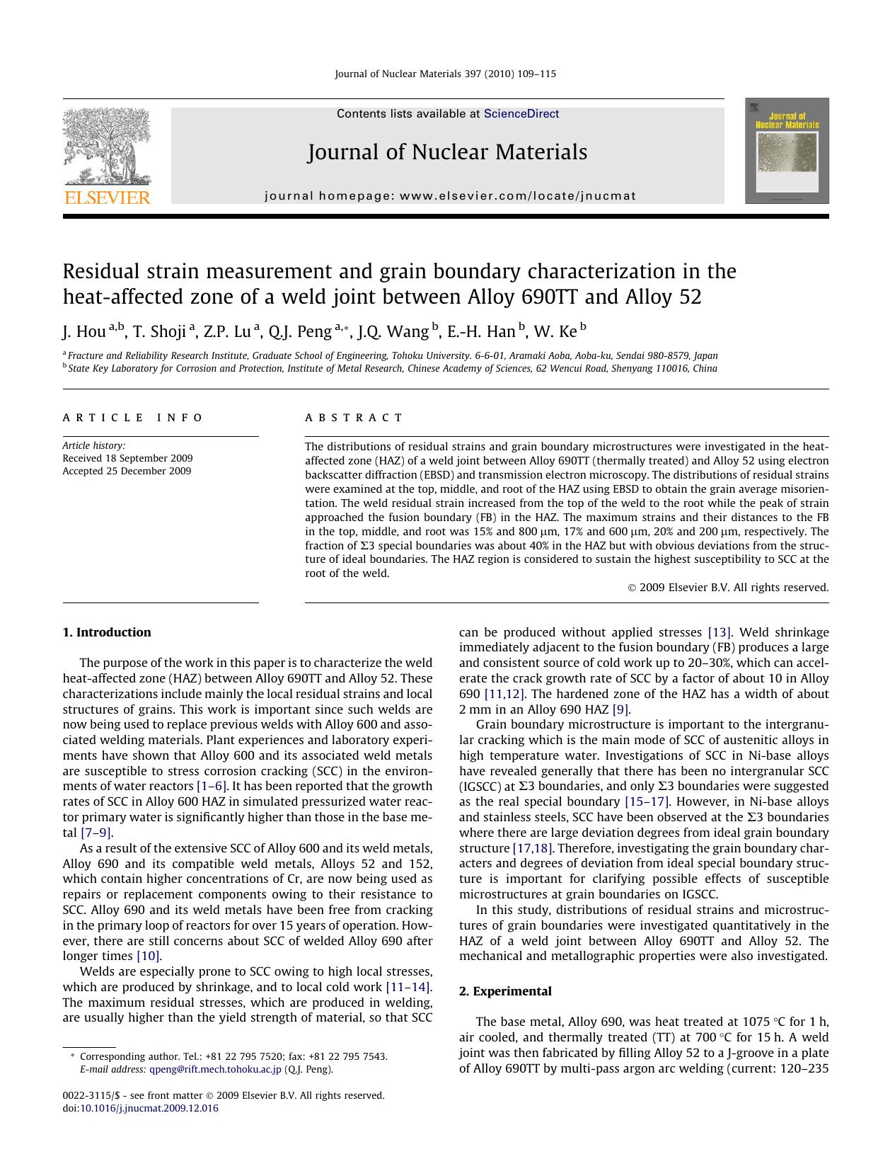 Residual strain measurement and grain boundary characterization in the heat-affected zone of a weld joint between Alloy 690TT and Alloy 52 by J. Hou; T. Shoji; Z.P. Lu; Q.J. Peng; J.Q. Wang; E.-H. Han; W. Ke