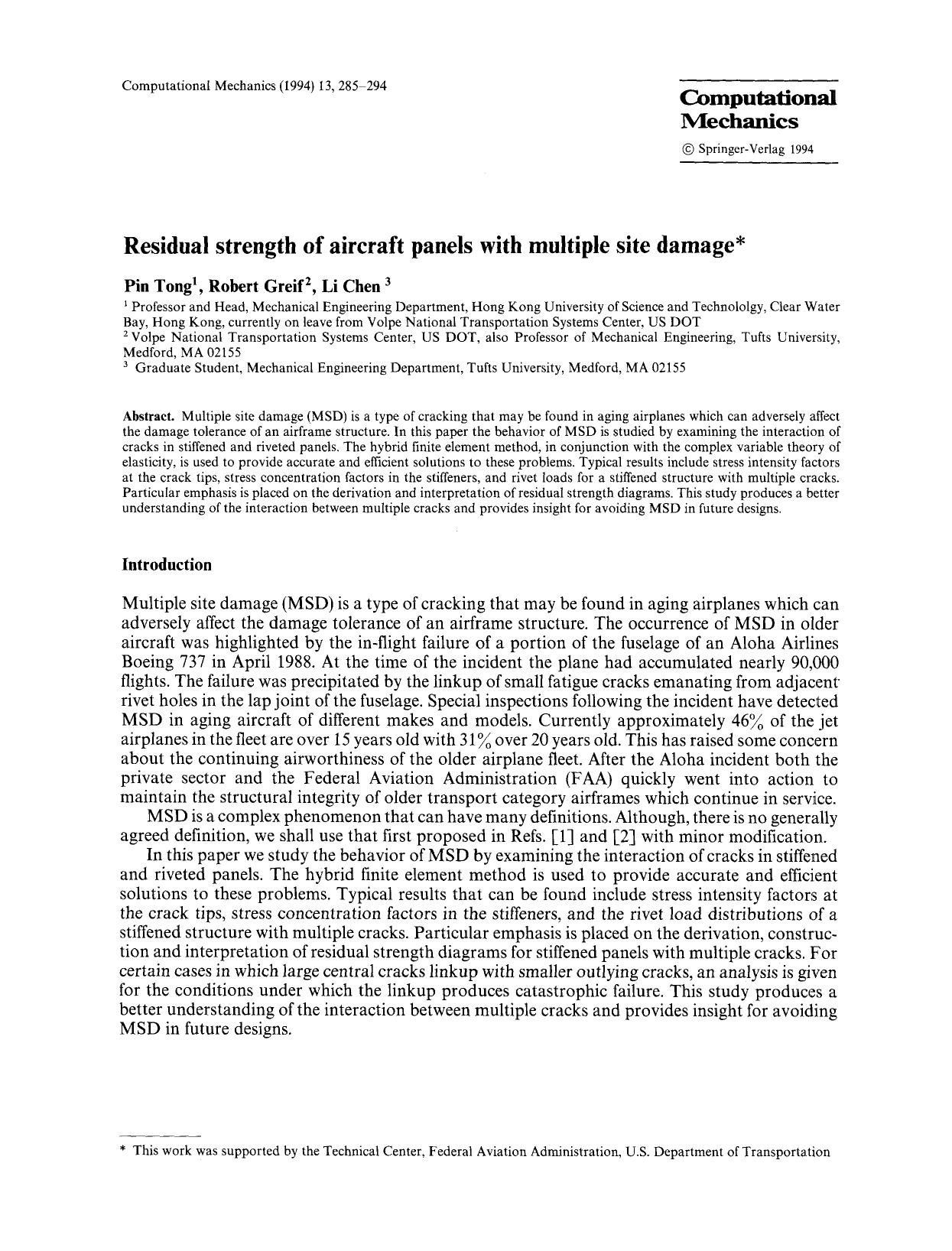 Residual strength of aircraft panels with multiple site damage by Unknown