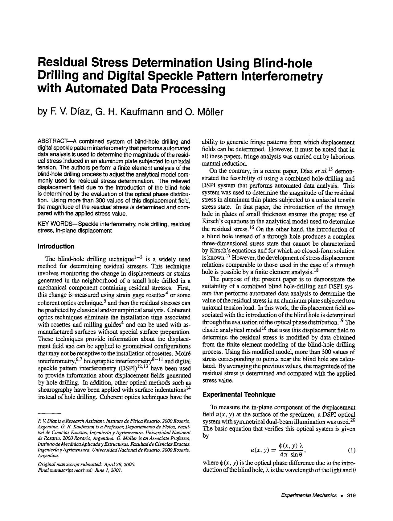 Residual stress determination using blind-hole drilling and digital speckle pattern interferometry with automated data processing by Unknown