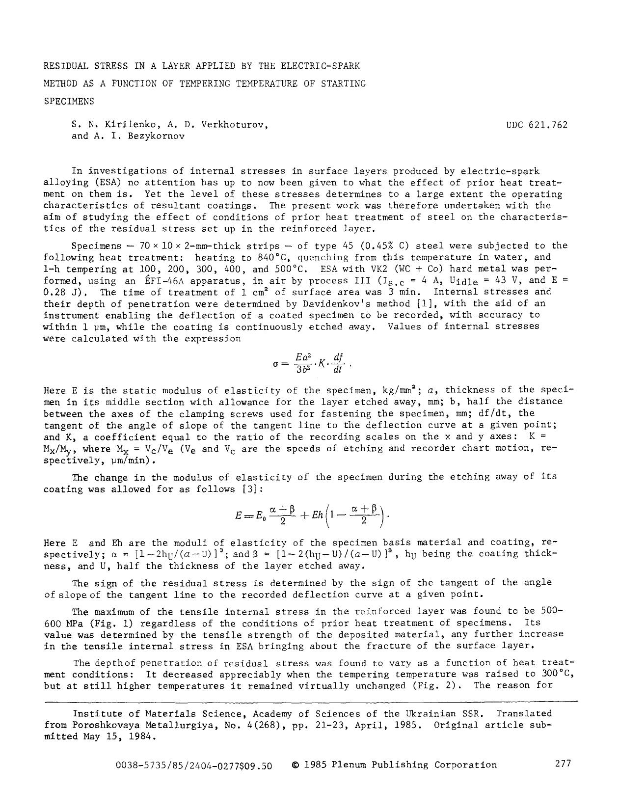 Residual stress in a layer applied by the electric-spark method as a function of tempering temperature of starting specimens by Unknown