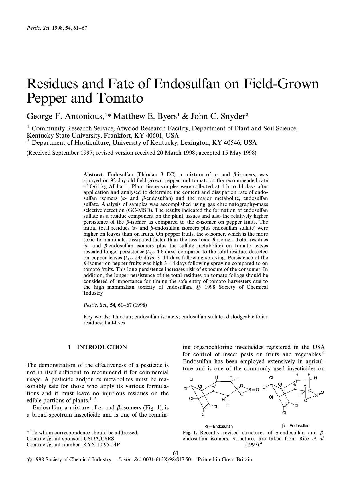 Residues and fate of endosulfan on fieldgrown pepper and tomato by Antonious Byers Snyder