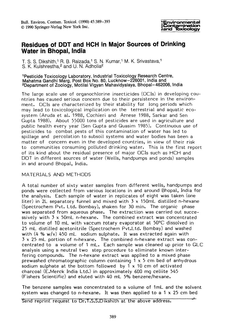 Residues of DDT and HCH in major sources of drinking water in Bhopal, India by Unknown