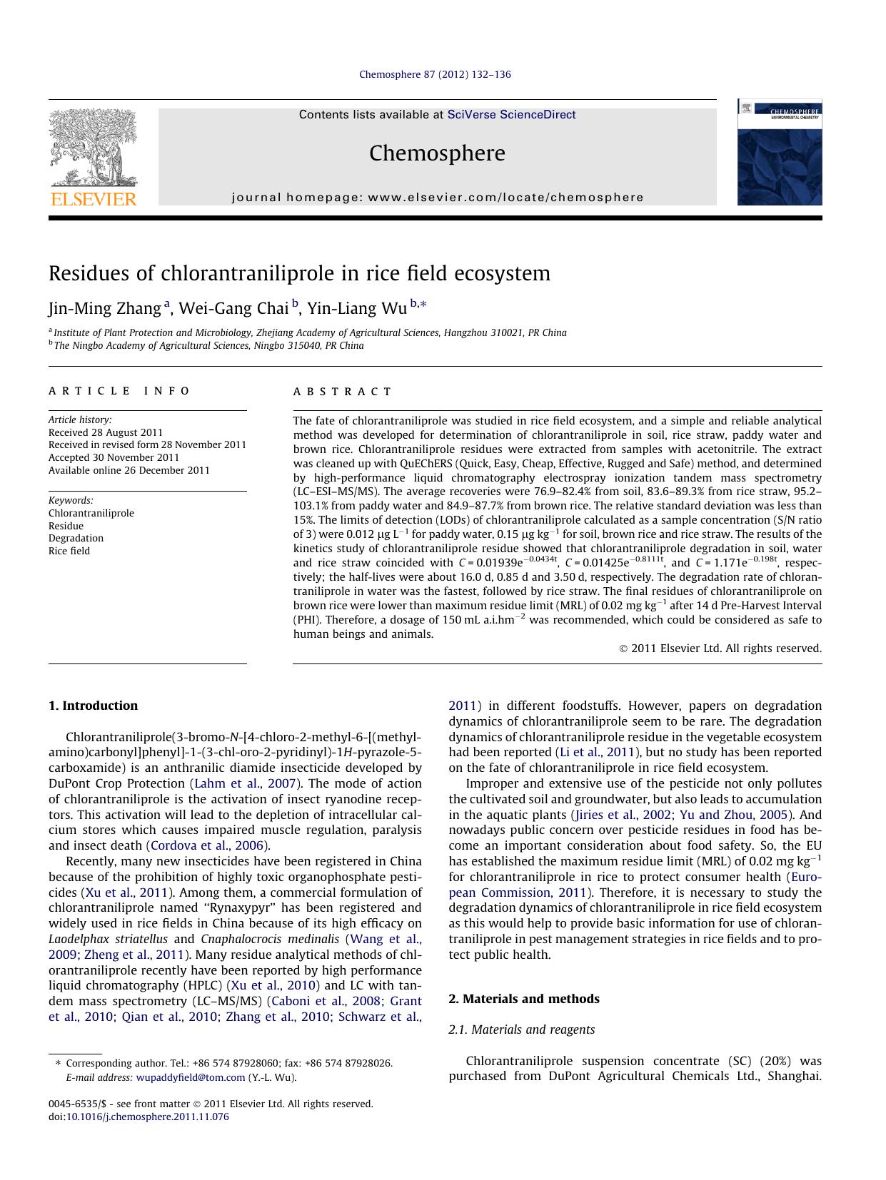 Residues of chlorantraniliprole in rice field ecosystem by Jin-Ming Zhang & Wei-Gang Chai & Yin-Liang Wu