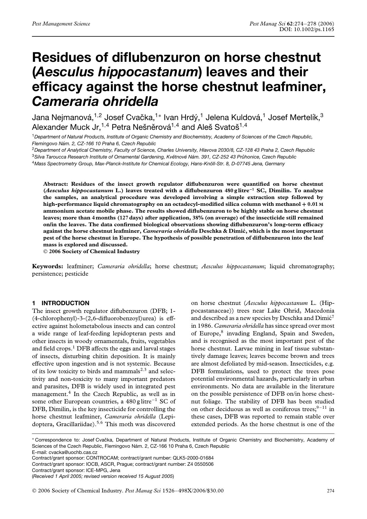 Residues of diflubenzuron on horse chestnut (Aesculus hippocastanum) leaves and their efficacy against the horse chestnut leafminer, Cameraria ohridella by Unknown