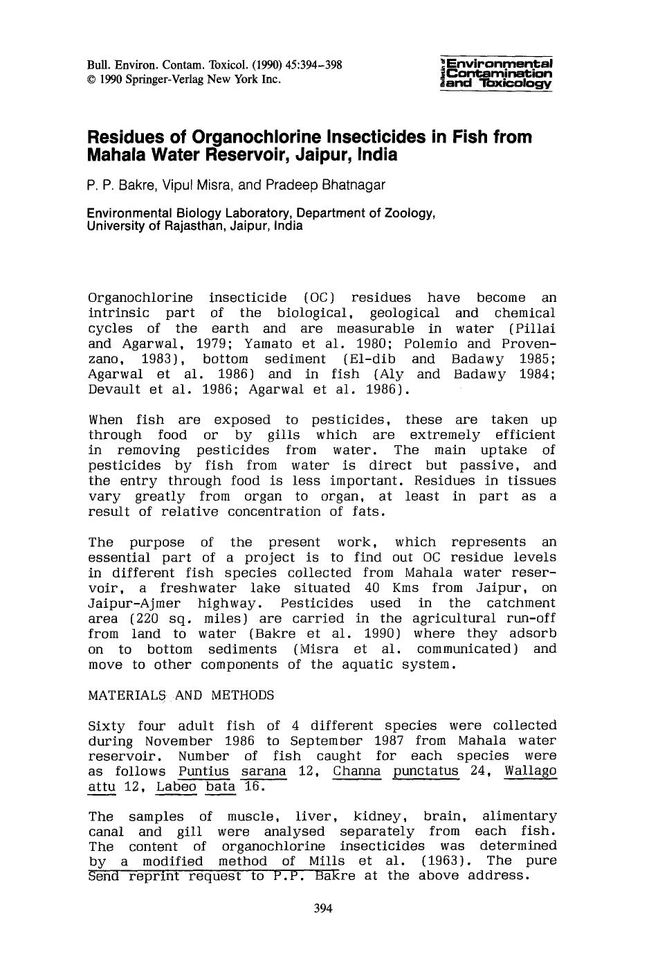 Residues of organochlorine insecticides in fish from mahala water reservoir, Jaipur, India by Unknown
