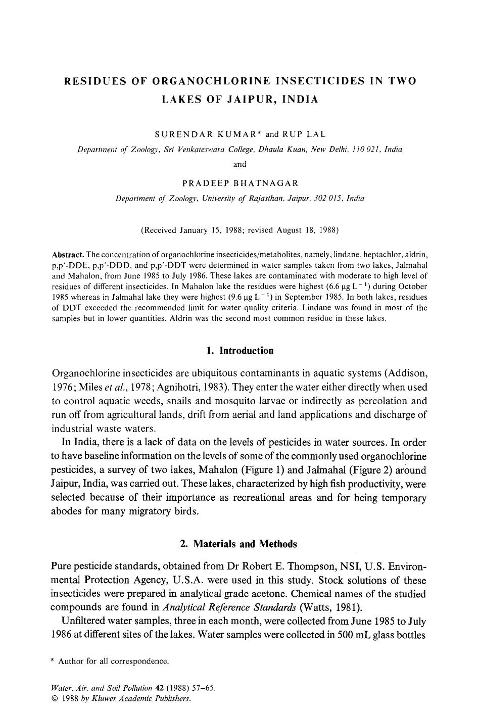 Residues of organochlorine insecticides in two lakes of Jaipur, India by Unknown