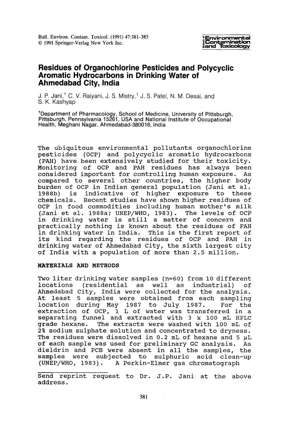 Residues of organochlorine pesticides and polycyclic aromatic hydrocarbons in drinking water of Ahmedabad City, India by Unknown