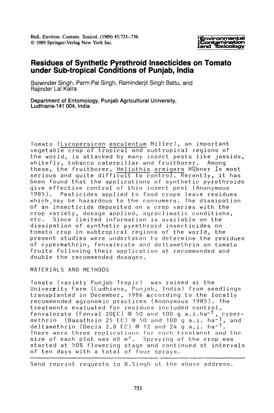 Residues of synthetic pyrethroid insecticides on tomato under sub-tropical conditions of Punjab, India by Unknown