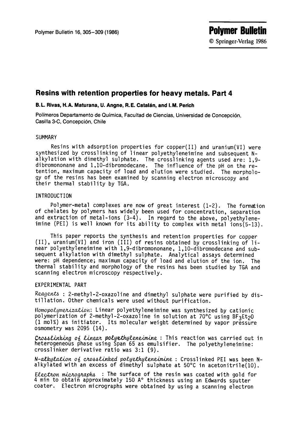 Resins with retention properties for heavy metals. Part 4 by Unknown