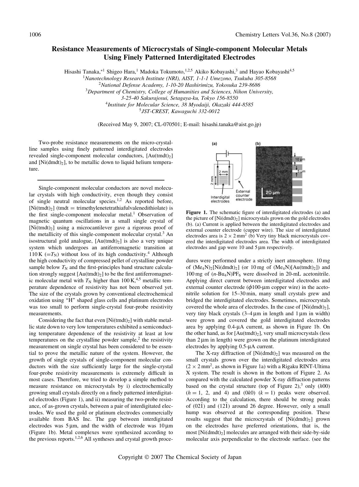 Resistance Measurements of Microcrystals of Single-component Molecular Metals Using Finely Patterned Interdigitated Electrodes by Hisashi Tanaka Shigeo Hara Madoka Tokumoto Akiko Kobayashi and Hayao Kobayashi