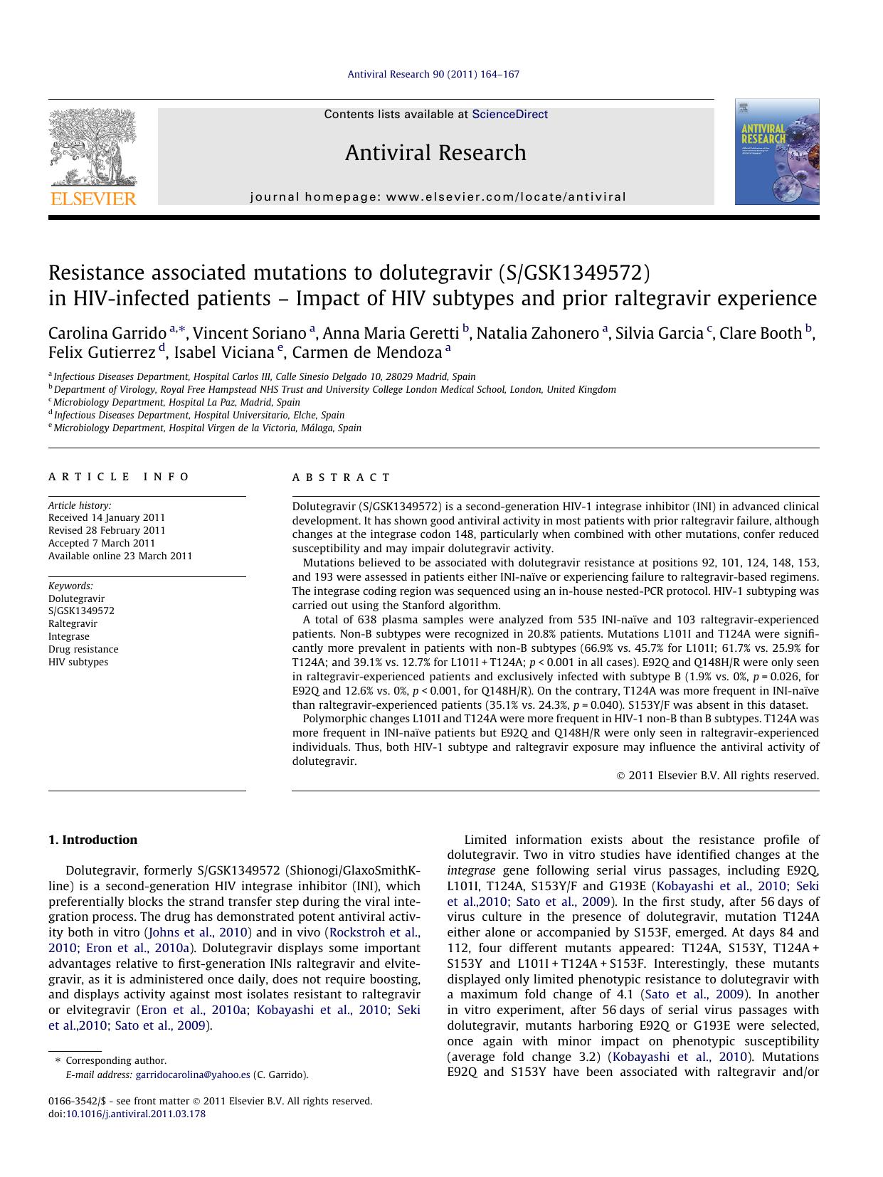 Resistance associated mutations to dolutegravir (SGSK1349572) in HIV-infected patients Ã¢â¬â Impact of HIV subtypes and prior raltegravir experience by unknow