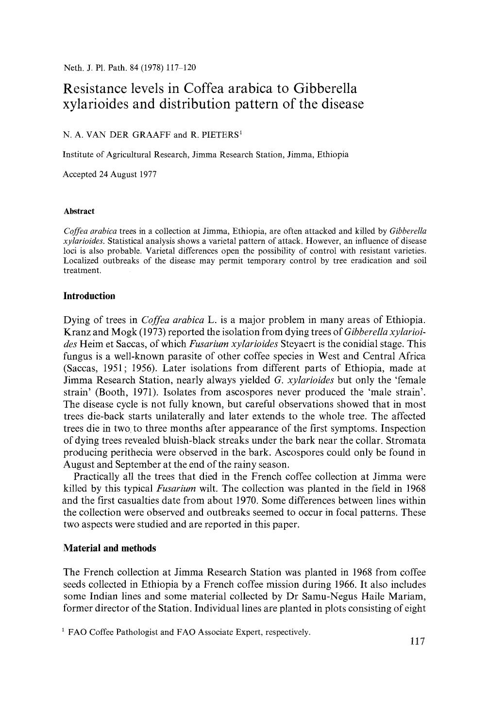 Resistance levels in Coffea arabica to Gibberella xylarioides and distribution pattern of the disease by Unknown