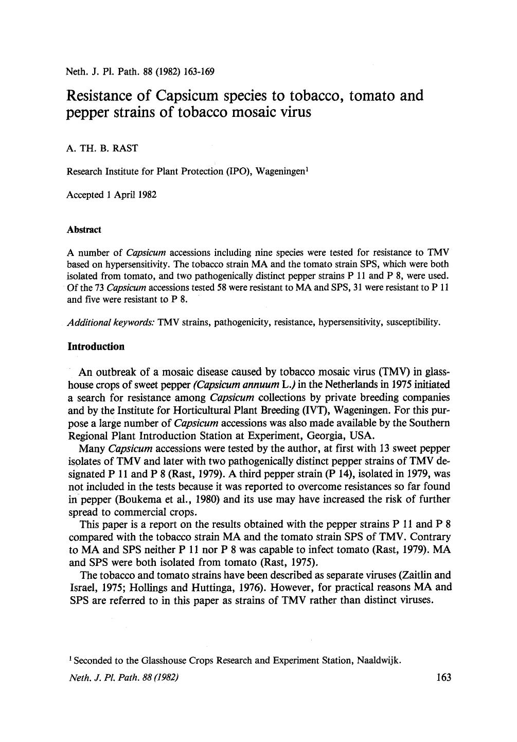 Resistance of Capsicum species to tobacco, tomato and pepper strains of tobacco mosaic virus by Unknown