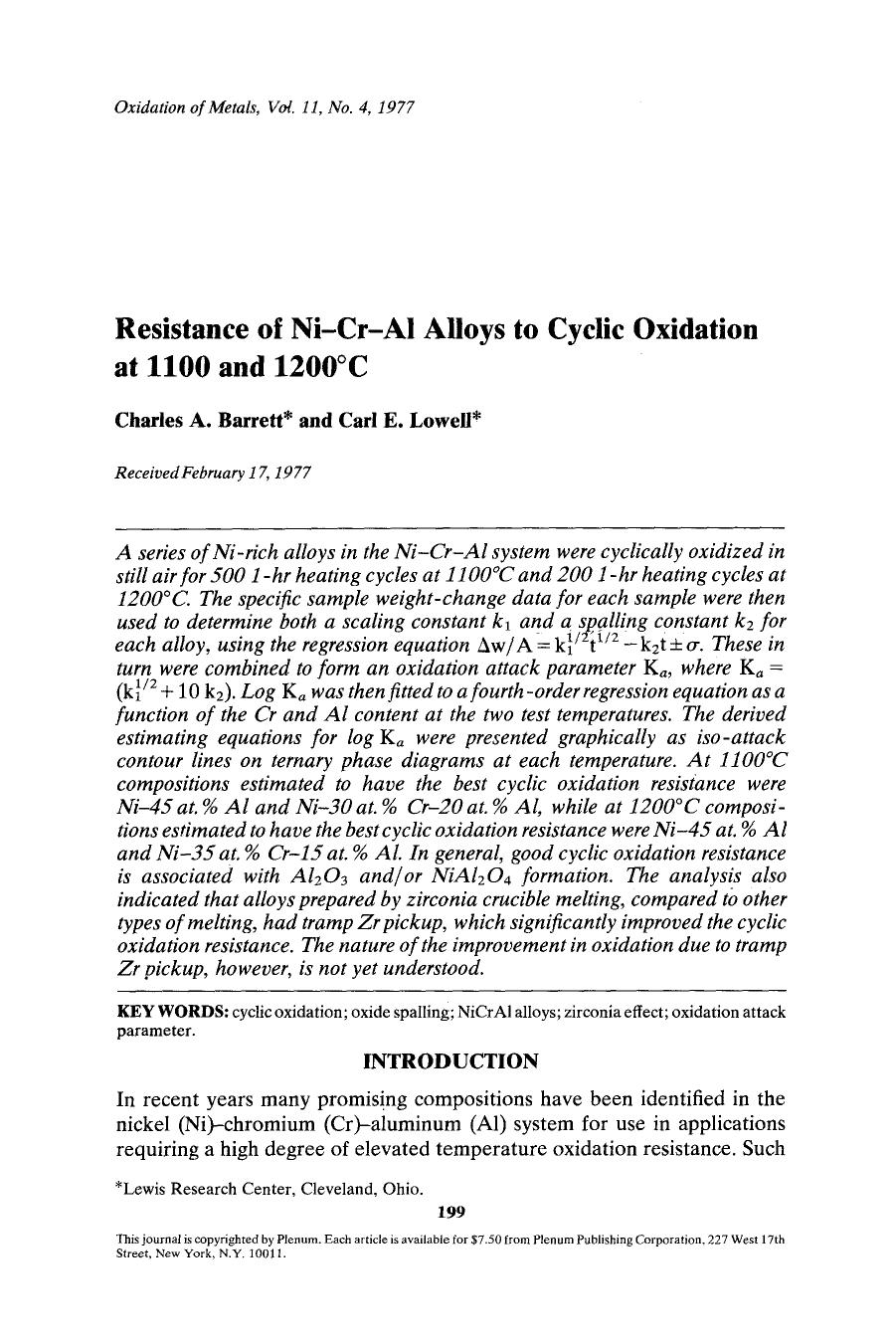 Resistance of Ni-Cr-Al alloys to cyclic oxidation at 1100 and 1200&#x00B0;C by Unknown