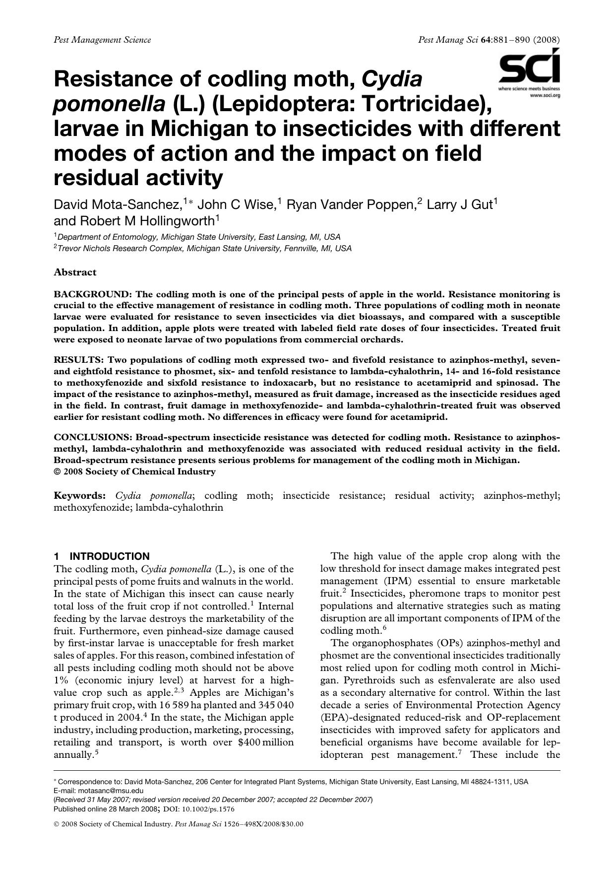 Resistance of codling moth, Cydia pomonella (L.) (Lepidoptera: Tortricidae), larvae in Michigan to insecticides with different modes of action and the impact on field residual activity by Unknown