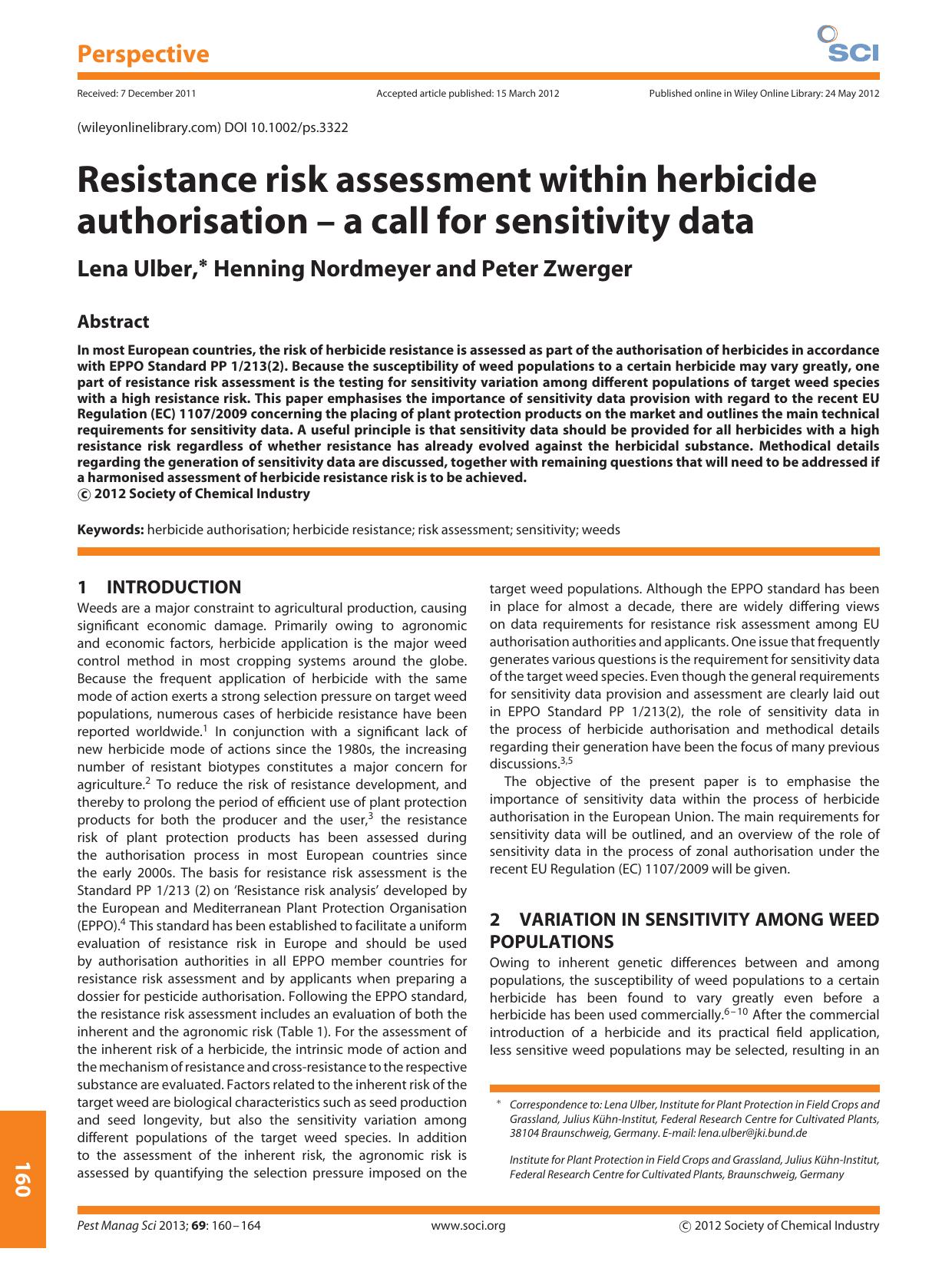 Resistance risk assessment within herbicide authorisation a call for sensitivity data by Unknown