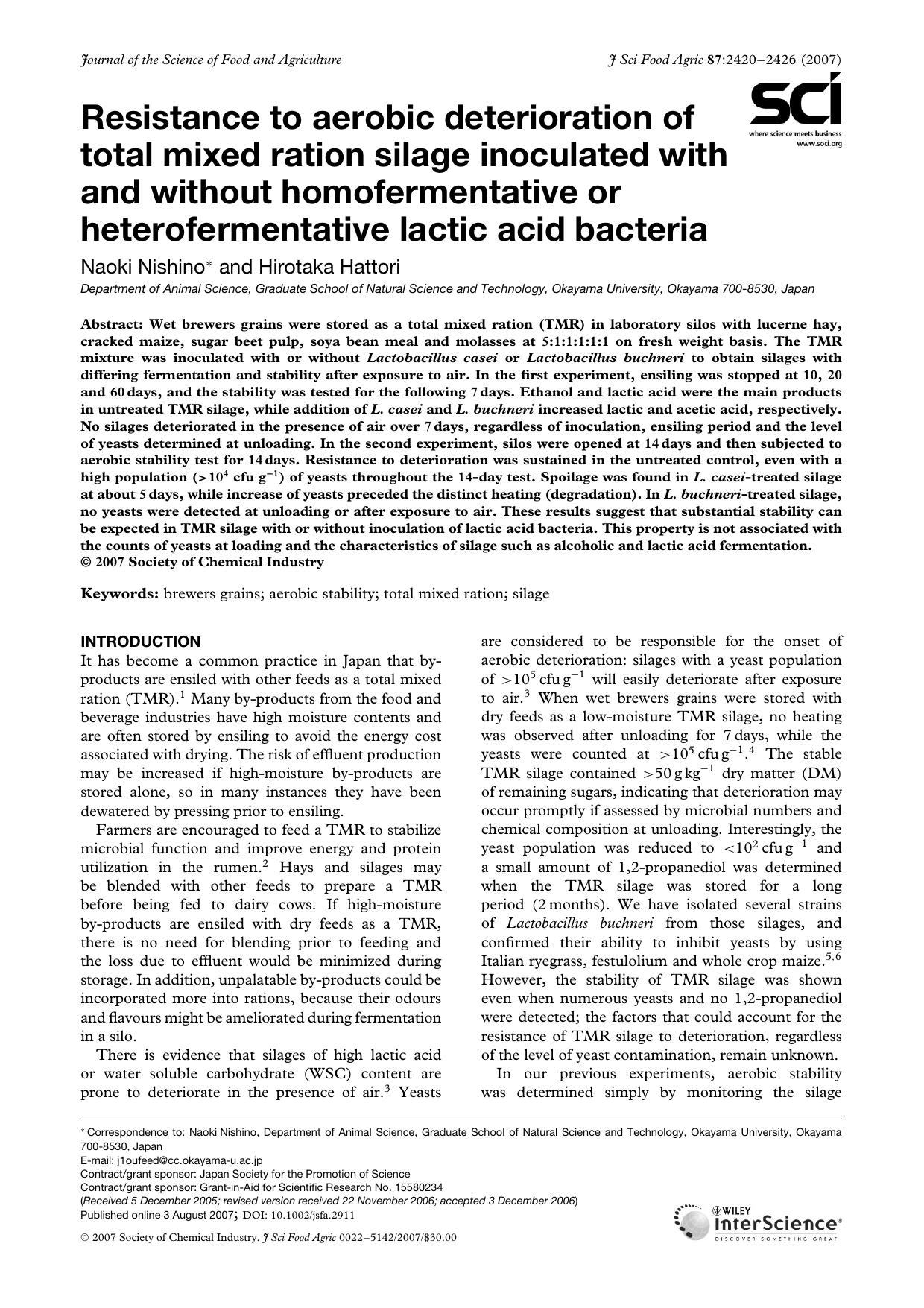 Resistance to aerobic deterioration of total mixed ration silage inoculated with and without homofermentative or heterofermentative lactic acid bacteria by Unknown