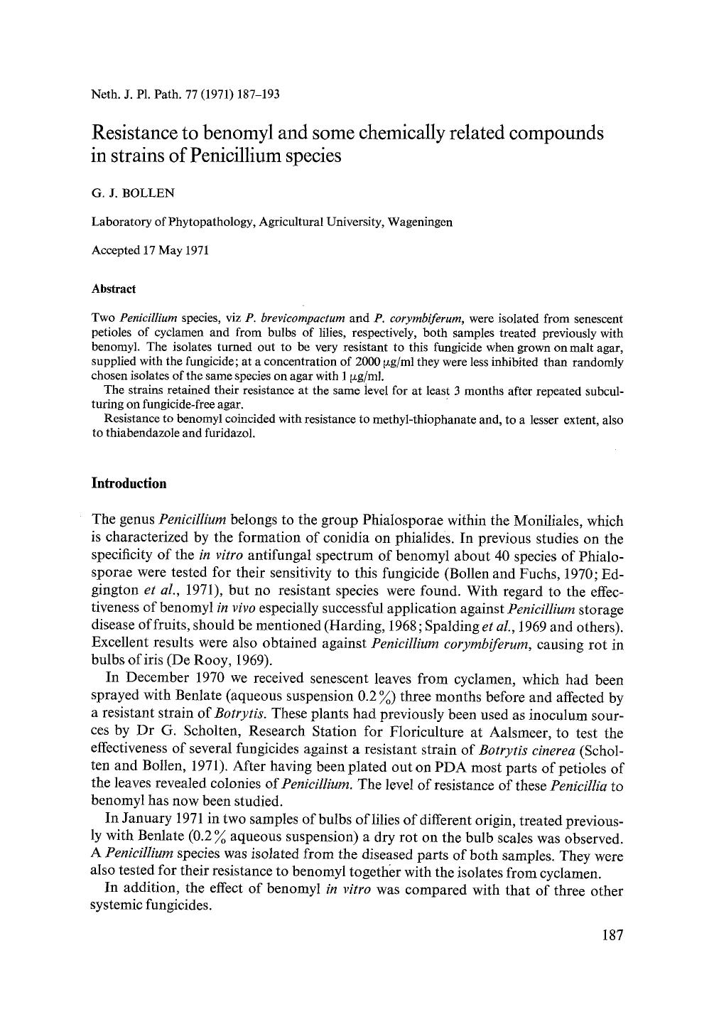 Resistance to benomyl and some chemically related compounds in strains of Penicillium species by Unknown