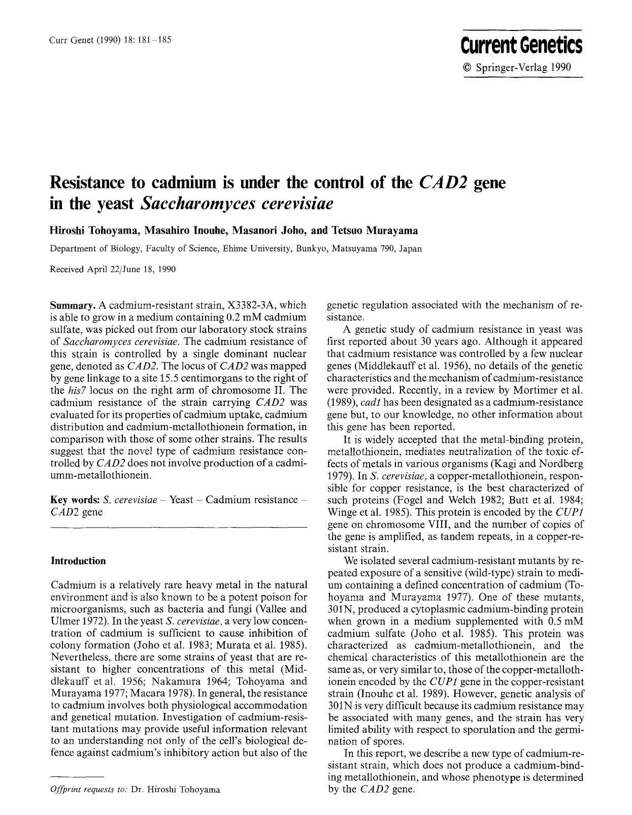 Resistance to cadmium is under the control of the <Emphasis Type="Italic">CAD2<Emphasis> gene in the yeast <Emphasis Type="Italic">Saccharomyces cerevisiae<Emphasis> by Unknown