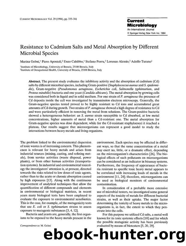 Resistance to cadmium salts and metal absorption by different microbial species by Unknown