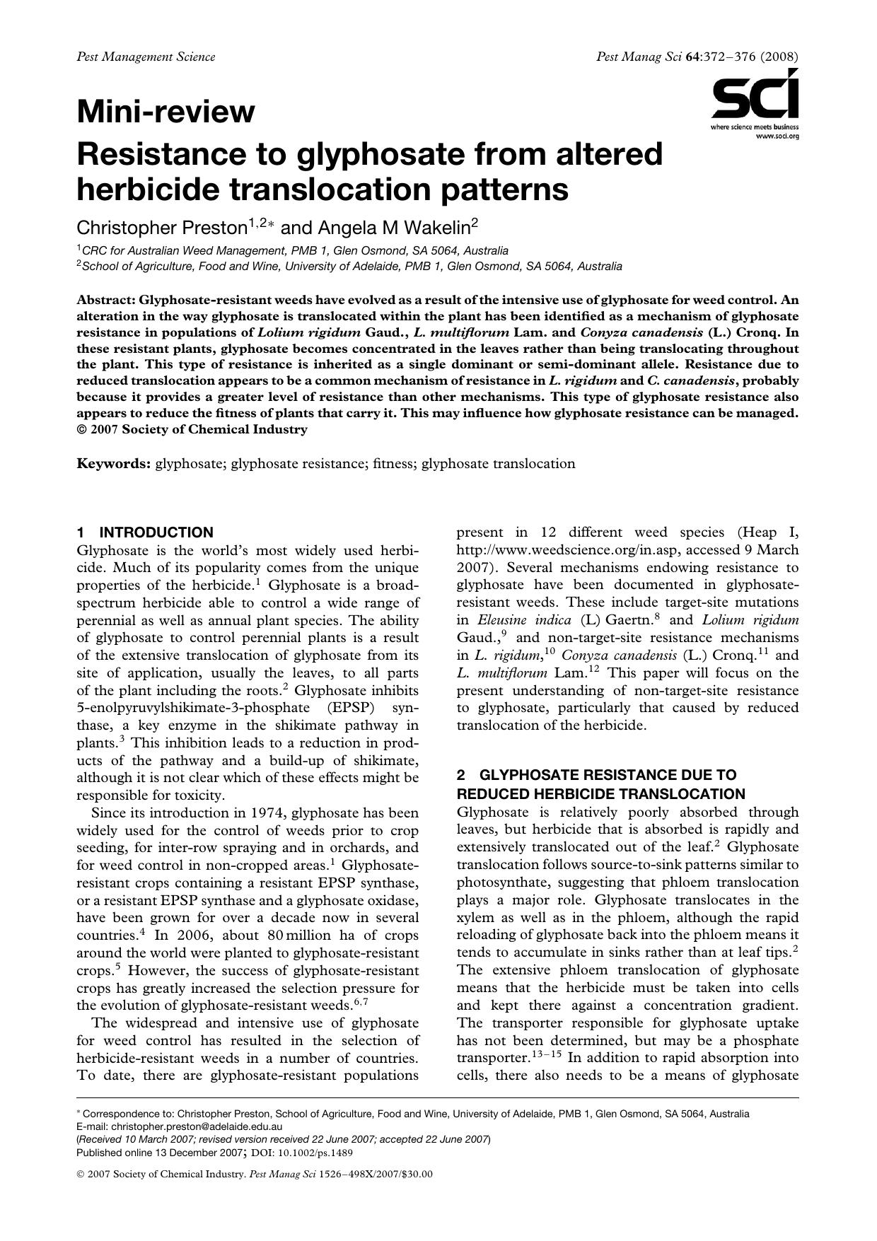 Resistance to glyphosate from altered herbicide translocation patterns by Unknown